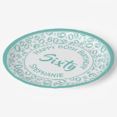 60th誕生日パーティー番号パターンティール(緑がかった色)/白 ペーパープレート (アングル)