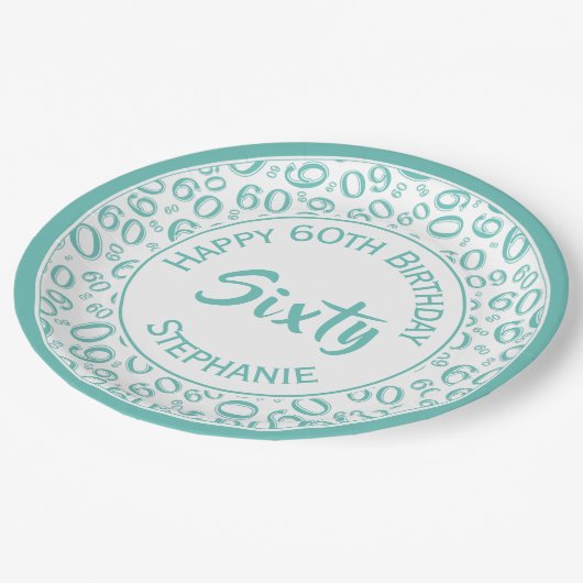 60th誕生日パーティー番号パターンティール（緑がかった色）/白 ペーパープレート (アングル)