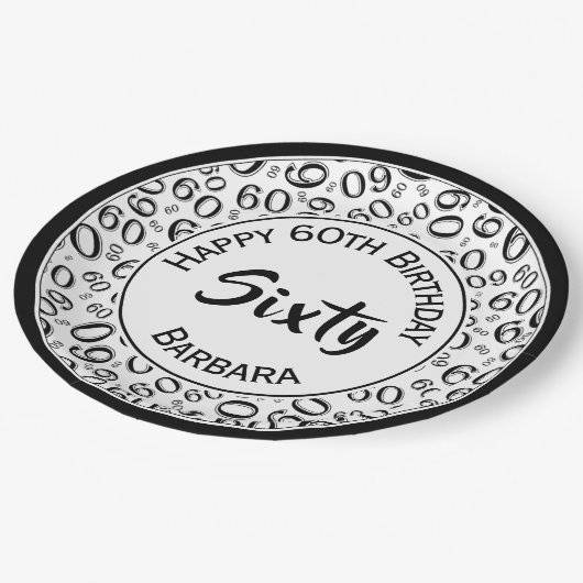 60th誕生日パーティー番号パターンブラック/ホワイト ペーパープレート (アングル)