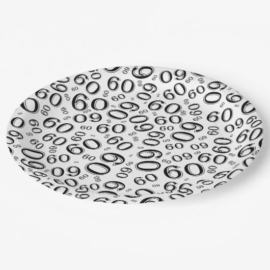 60th誕生日パーティー番号パターンブラック/ホワイト ペーパープレート (アングル)