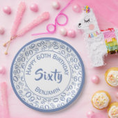 60th誕生日パーティー番号パターンブルー/ホワイト ペーパープレート (パーティー)
