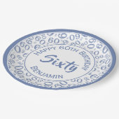 60th誕生日パーティー番号パターンブルー/ホワイト ペーパープレート (アングル)