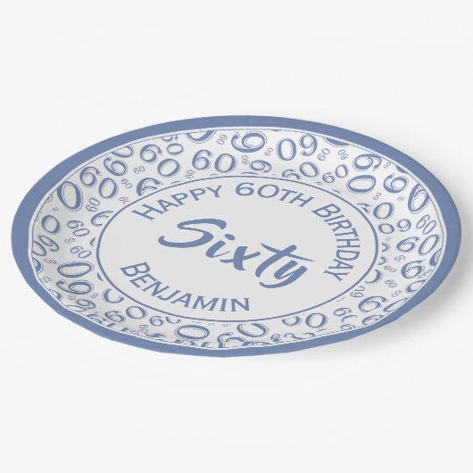 60th誕生日パーティー番号パターンブルー/ホワイト ペーパープレート (アングル)
