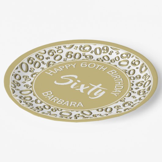 60th誕生日パーティー番号パターン金ゴールド/白 ペーパープレート (アングル)