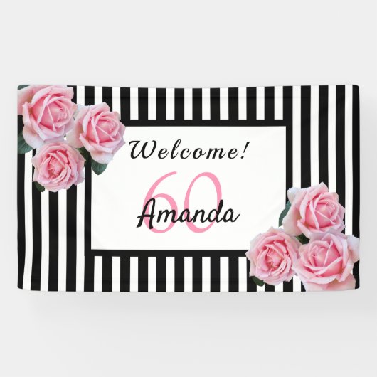 60th誕生日パーティー白黒ストライプ花模様 横断幕 (横)