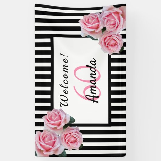 60th誕生日パーティー白黒ストライプ花模様 横断幕 (縦)