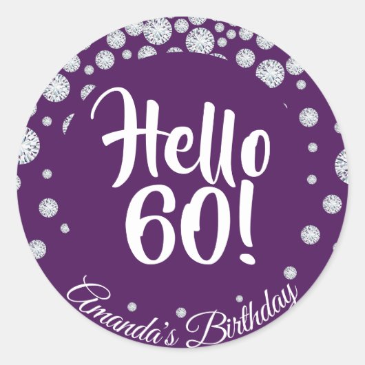 60th誕生日パーティー紫hello 60ネームダイヤモンド ラウンドシール (正面)