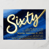 60th誕生日パーティー金ゴールドサファイアブルー 箔招待状 (正面)