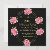 60th誕生日パーティー金ゴールドブラックピンクの花 招待状 (正面)