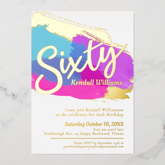 60th誕生日パーティー金ゴールド写真明るい抽象芸術アート 箔招待状 (正面)