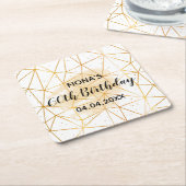 60th誕生日パーティー金ゴールド幾何学模様ホワイトモノグラム スクエアペーパーコースター (アングル)