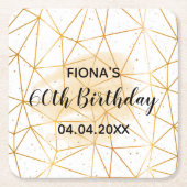 60th誕生日パーティー金ゴールド幾何学模様ホワイトモノグラム スクエアペーパーコースター (正面)