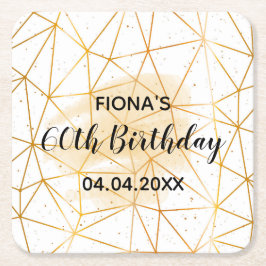60th誕生日パーティー金ゴールド幾何学模様ホワイトモノグラム スクエアペーパーコースター