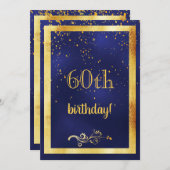60th誕生日パーティー金ゴールド枠ブルー 招待状 (正面/裏面)