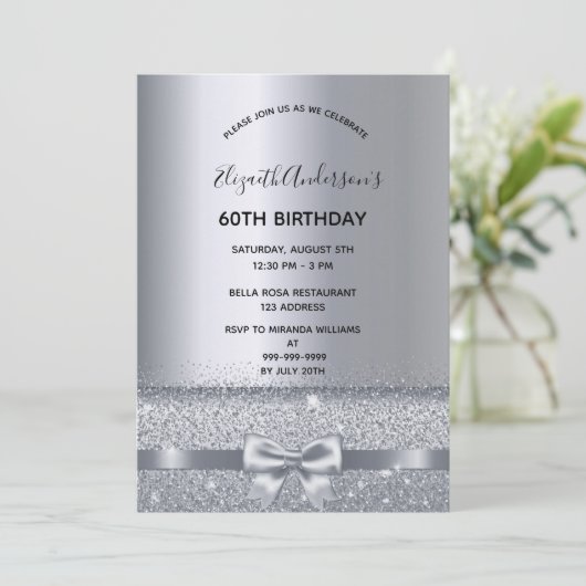 60th誕生日パーティー銀の金属輝き 招待状 (スタンド正面)