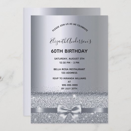 60th誕生日パーティー銀の金属輝き 招待状 (正面/裏面)