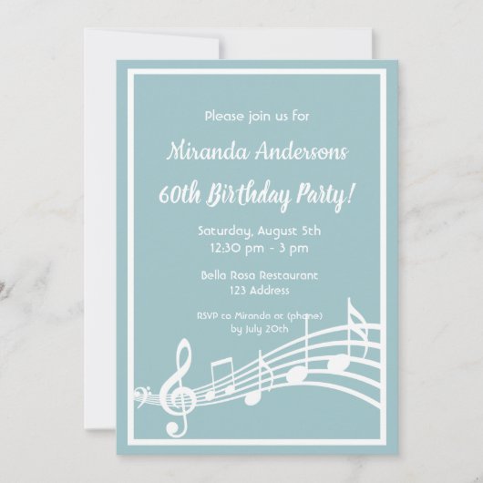 60th誕生日パーティー音楽ノートティール(緑がかった色)ブルー 招待状 (正面)