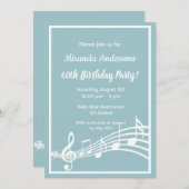 60th誕生日パーティー音楽ノートティール(緑がかった色)ブルー 招待状 (正面/裏面)