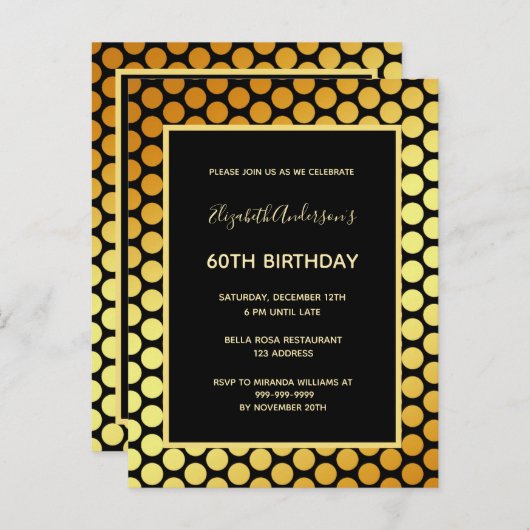 60th誕生日パーティー黒い金ゴールドドットの招待 ポストカード (正面/裏面)