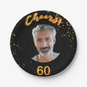 60th誕生日パーティー黒い金ゴールド写真 ペーパープレート (正面)
