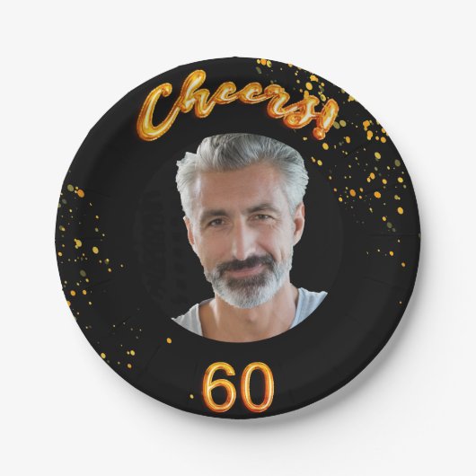 60th誕生日パーティー黒い金ゴールド写真 ペーパープレート (正面)