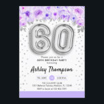 60th誕生日パーティー – シルバー・バルーン・パープル 招待状<br><div class="desc">60歳の誕生日パーティーの招待状。フローラエレガントアクセント付きフェイクグリッターシルバーのデザイン。招待状カードとシルバー番号60バルーン、スクリプトフォントと紙吹雪。パステルパープル、ラベンダー、ホワイト。60日のスタイリッシュお祝い。メッセージもしメッセージはカスタム年齢。</div>