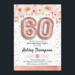 60th誕生日パーティー – バラ金ゴールドバルーン 招待状<br><div class="desc">60歳の誕生日パーティーの招待状。エレガントデザインのグリッターフェイクバラ金ゴールドとフローラアクセント。招待状カードバラ金ゴールド番号60バルーン、紙吹雪付きスクリプトフォント。赤面コーラルピンク、白。60日のスタイリッシュお祝い。メッセージもしメッセージはカスタム年齢。</div>