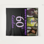 60th誕生日パーティー、紫のグリッターと3枚の写真 タペストリー (正面(横))