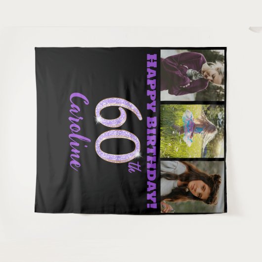 60th誕生日パーティー、紫のグリッターと3枚の写真 タペストリー (正面(横))