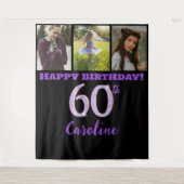 60th誕生日パーティー、紫のグリッターと3枚の写真 タペストリー (正面)