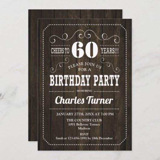 60th誕生日パーティー – 茶色の木模様 招待状 (正面/裏面)