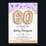 60th誕生日パーティー – 金ゴールドバルーン紫 招待状<br><div class="desc">60歳の誕生日パーティーの招待状。エレガントデザインのグリッターフェイク金ゴールドとフローラアクセント。招待状カードと金ゴールド番号60バルーン、スクリプトフォントと紙吹雪。紫、ラベンダー、白。60日のスタイリッシュお祝い。メッセージもしメッセージはカスタム年齢。</div>