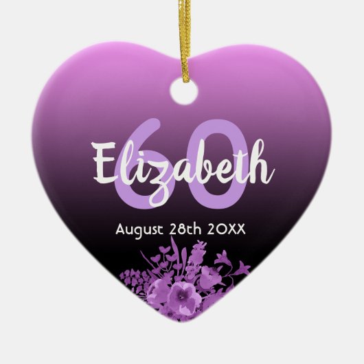 60th誕生日パープルブラックフローラ名 セラミックオーナメント (正面)