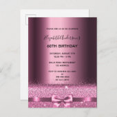 60th誕生日パープルブルゴーニュグリッター招待 ポストカード (正面/裏面)