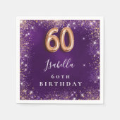60th誕生日パープル金ゴールドグリッター名 スタンダードカクテルナプキン (正面)