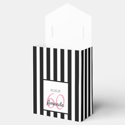 60th誕生日ピンクのバラの白黒ストライプ フェイバーボックス (オープン)