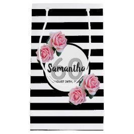 60th誕生日ピンクローズ白黒ストライプ スモールペーパーバッグ