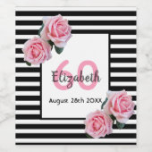 60th誕生日ピンクローズ白黒ストライプ ワインラベル (シングルラベル)