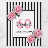 60th誕生日ピンクローズ白黒ストライプ ワインラベル (シングルラベル)