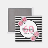 60th誕生日ピンク花模様ブラックストライプ名 マグネット (正面/裏面)