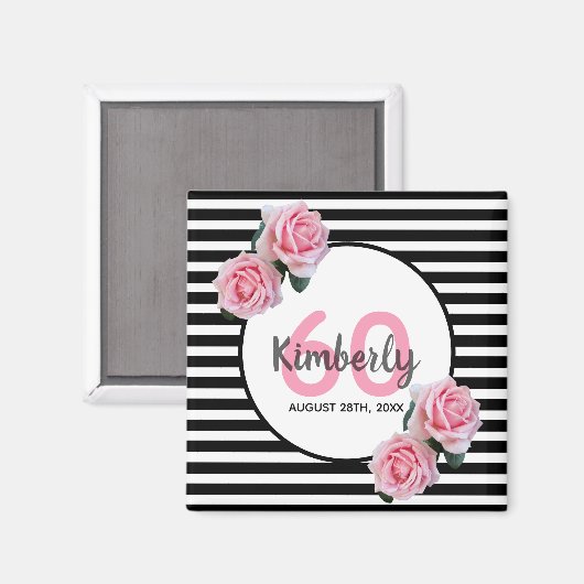 60th誕生日ピンク花模様ブラックストライプ名 マグネット (正面/裏面)