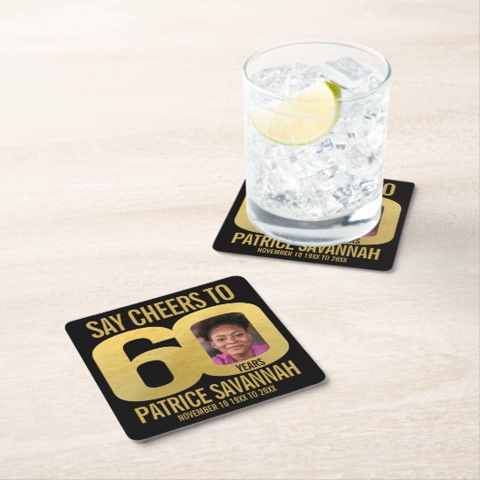 60th誕生日フォト応援ブラックと金ゴールド スクエアペーパーコースター (インサイチュ)