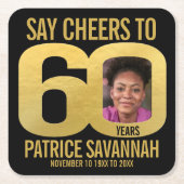 60th誕生日フォト応援ブラックと金ゴールド スクエアペーパーコースター (正面)