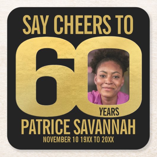 60th誕生日フォト応援ブラックと金ゴールド スクエアペーパーコースター (正面)