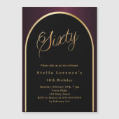 60th誕生日ブラックブルゴーニュ金ゴールドアーチ贅沢 マグネット招待状 (正面)