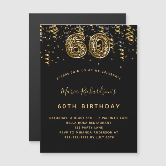 60th誕生日ブラック金ゴールドヒョウ柄ラグジュアリー マグネット招待状 (正面/裏面)