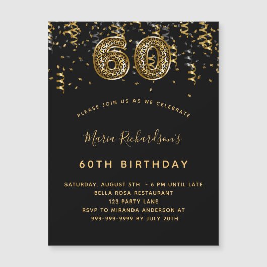 60th誕生日ブラック金ゴールドヒョウ柄ラグジュアリー マグネット招待状 (正面)