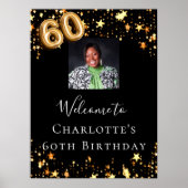 60th誕生日ブラック金ゴールド星写真ようこそ ポスター (正面)