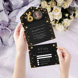 60th誕生日ブラック金ゴールド星写真rsvp オールインワン招待状