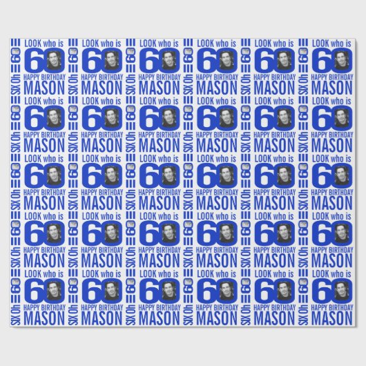 60th誕生日ブルールック60カスタム写真名 ラッピングペーパー (フラット)